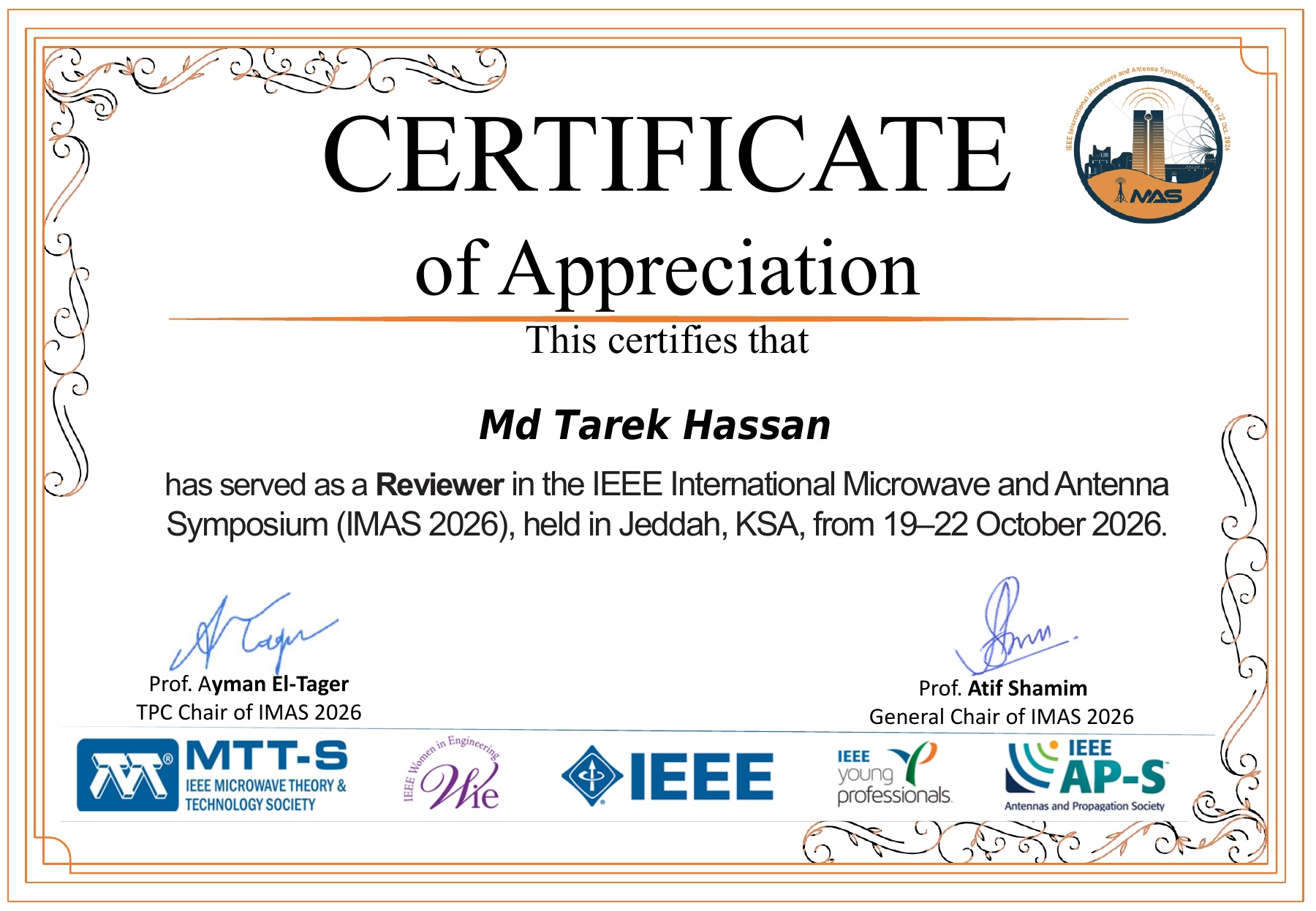 IEEE IMAS 2026 Certificate of Appreciation recognising Md Tarek Hassan's service as a reviewer