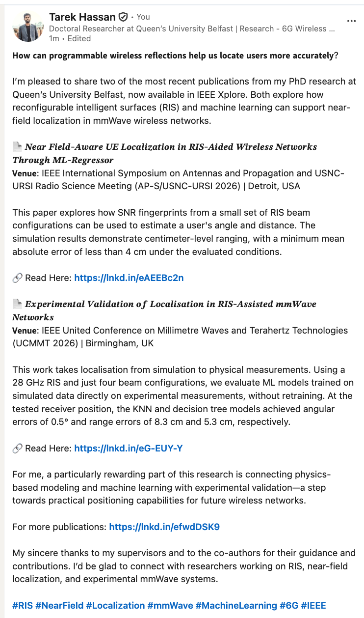 LinkedIn announcement of two RIS localisation papers published in IEEE Xplore